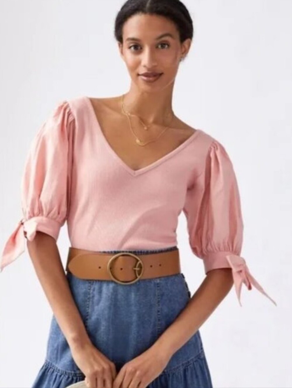 Maeve Anthropologie Pink Tie Puff Sleeve V-neck Ribbed Top sz L